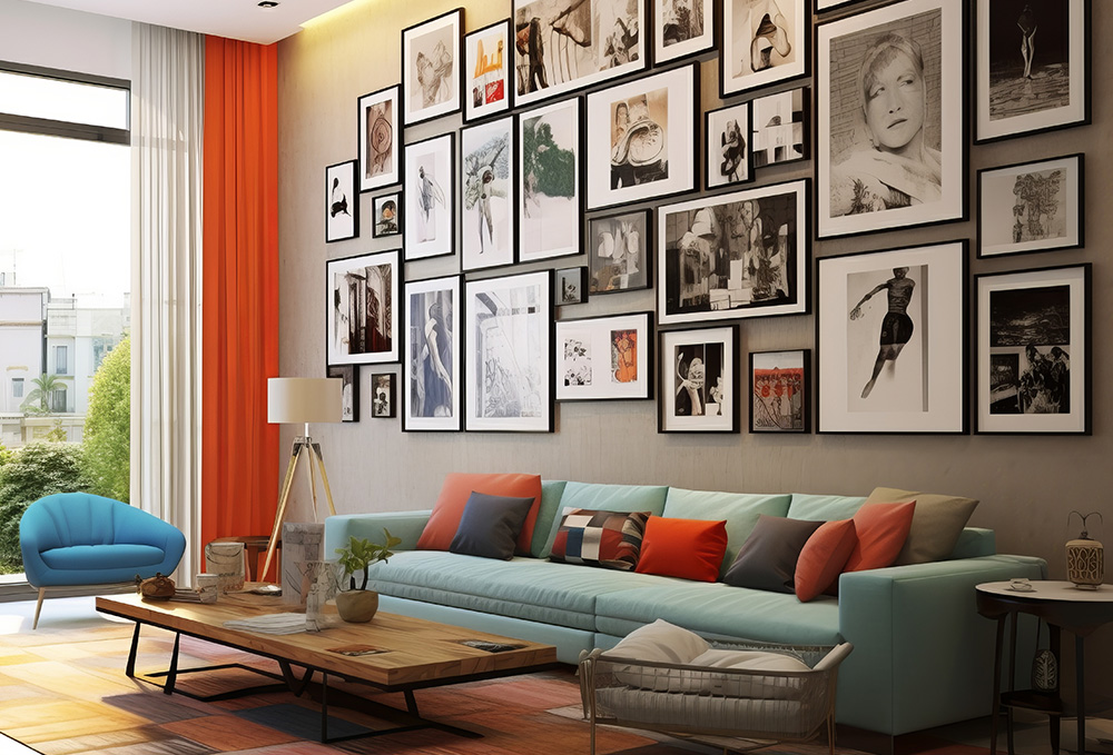Galeria de fotografias e quadros de parede numa sala de estar moderna.