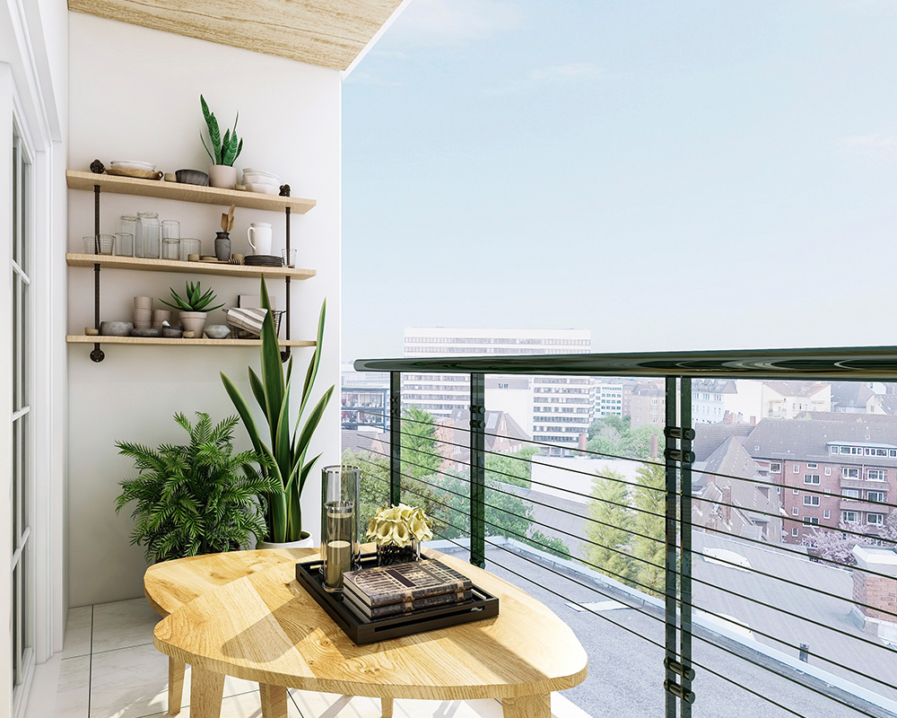 Uma varanda estreita e pequena num apartamento, mobilada de forma moderna.