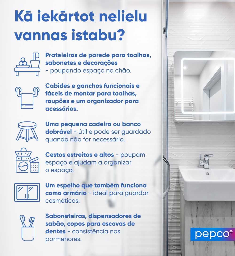 Infografia da Pepco sobre a escolha de decorações e acessórios para uma casa de banho pequena