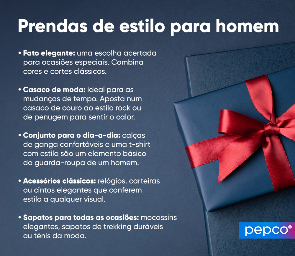 Infografia da Pepco sobre ideias de prendas para o marido sobre o tema da roupa