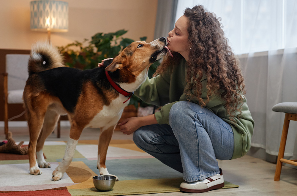 Mulher com cachorro no apartamento.