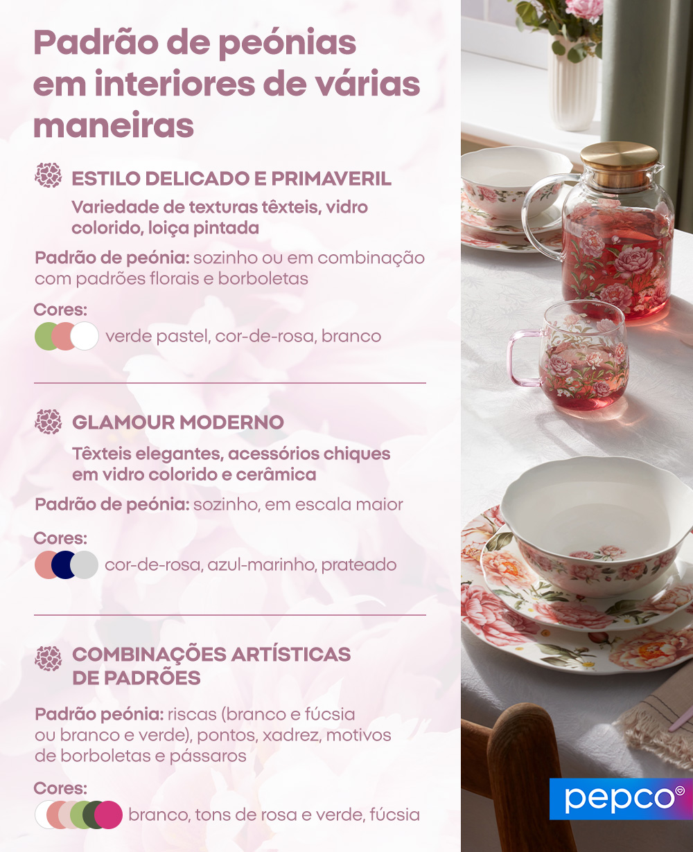 Padrão de peónias em interiores de várias maneiras