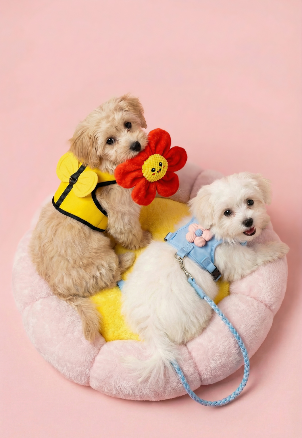 O cachorro está segurando um brinquedo colorido.